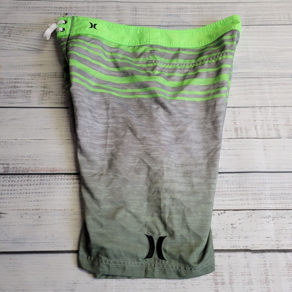 Hurley Board Shorts Mens 32 (36) Lime Green Gray Swim Trunks Drawstring Pocket